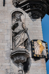Old Town Hall of Gouda (Stadhuis van Gouda, 1448 - 1450), it is one of oldest Gothic city halls in the Netherlands. Architectural fragments of the facade. Gouda, the Netherlands.