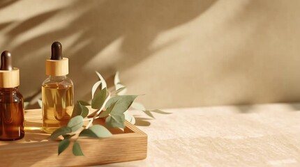 Elegant skincare products displayed on a stone platform bathed in soft light, showcasing natural beauty and serenity.