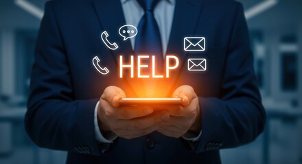 Business professional uses smartphone to access customer support and communication services for assistance