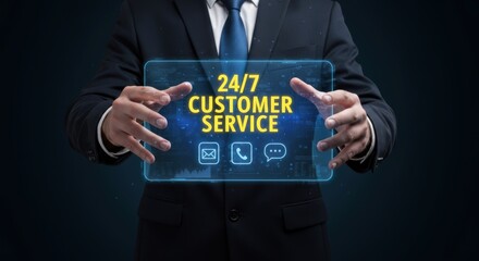 Professional businessman holding a transparent tablet displaying 24 7 customer service with various contact icons