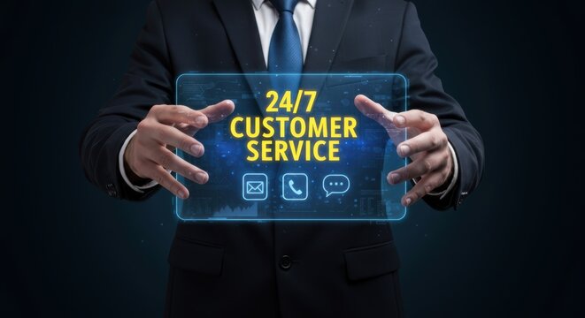 Professional businessman holding a transparent tablet displaying 24 7 customer service with various contact icons