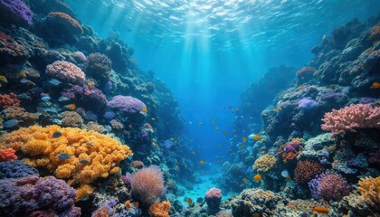 Naklejka premium Vibrant underwater coral reef teeming with colorful fish, marine life. Sun rays penetrate clear blue ocean water, illuminating diverse aquatic ecosystem. Explore pristine seabed, rich biodiversity,