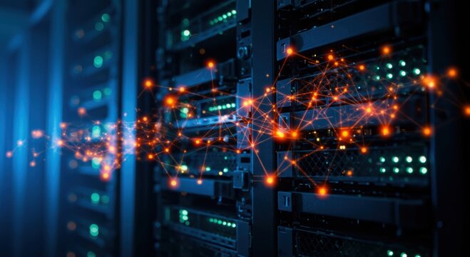 Illuminated network connections flowing through a modern data center server rack with blurry lights