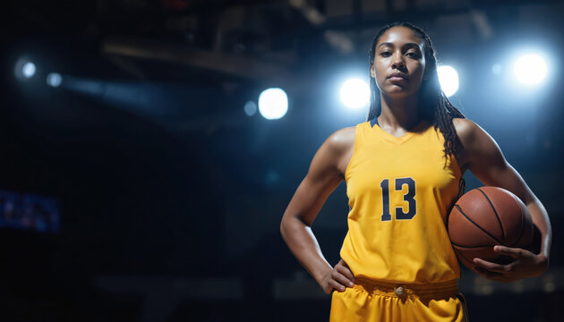 Confident African American woman basketball player holds ball on court. Athlete displays determination, strength, motivation under bright arena spotlights. Team sport, skilled player, action, - Powered by Adobe