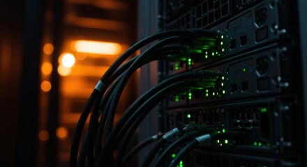 Intricate network of cables and glowing green lights within a server rack system