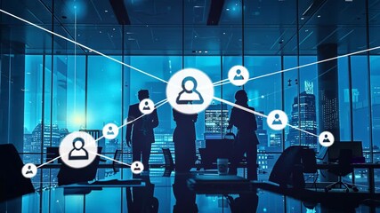 Silhouettes of business professionals in a blue-toned office, digital network overlay suggests technology and connectivity - Powered by Adobe