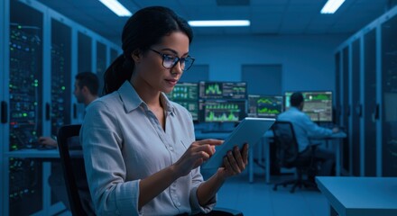 Focused female technician in glasses reviews data on a tablet within a brightly lit server room environment