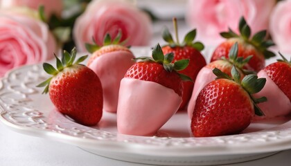 Fresh strawberries partially dipped in smooth pink chocolate rest on elegant white decorative plate. Romantic, festive treat perfect for celebrations, weddings, special occasions. Gourmet