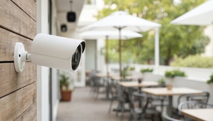 Modern white outdoor security camera mounted on wooden wall. Blurred background shows cafe with umbrellas, tables, chairs and plants. Focus on surveillance technology, safety, and urban exterior.