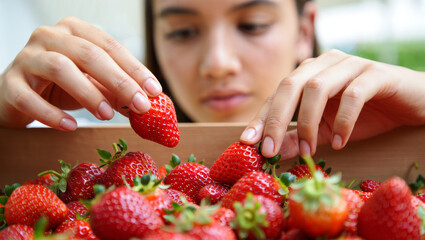 Close-up of a young woman's hands carefully selecting a ripe red strawberry from a wooden crate of fresh berries
