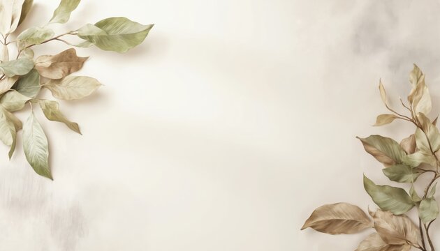 Minimalist boho background featuring neutral tones with scattered leaves, branches. Organic, earthy tones create serene, elegant, stylish aesthetic. Perfect for interior decor, art, design projects.