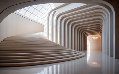 Modern architectural staircase with curved walls and natural light creating a serene and elegant atmosphere
