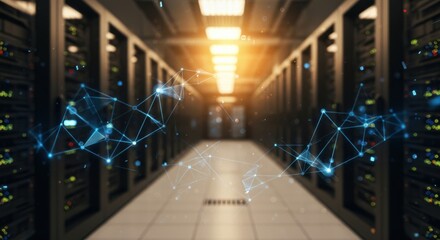 Illuminated server room corridor with glowing digital network connections and data center racks