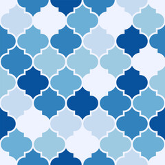 Jasny bezszwowy wzór marokański w niebieskich odcieniach – geometryczny motyw w stylu retro © Monika