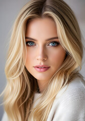 Fototapeta premium A woman with long blonde hair and blue eyes is shown with a light pink lip color