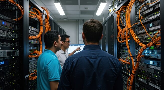 Technicians collaborating on server racks with extensive cabling and network equipment in a data center
