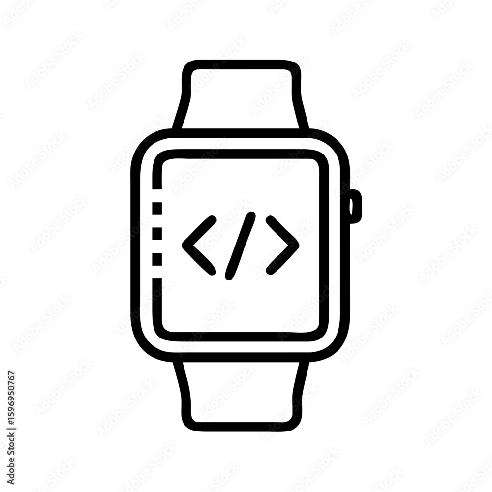 Poster smartwatch displaying code symbols on its screen with a simple and modern design style present here