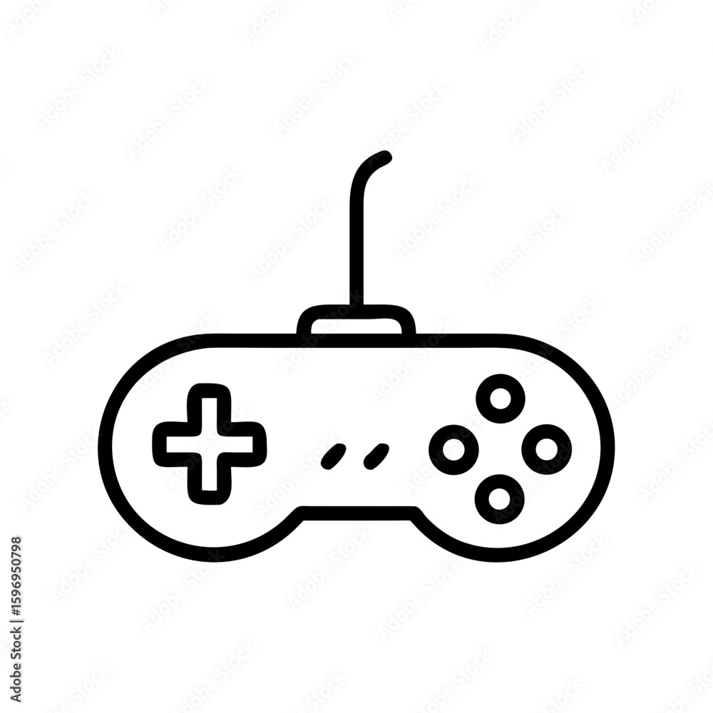 Poster a simple depiction of a wired gamepad with a directional pad and four action buttons design icon