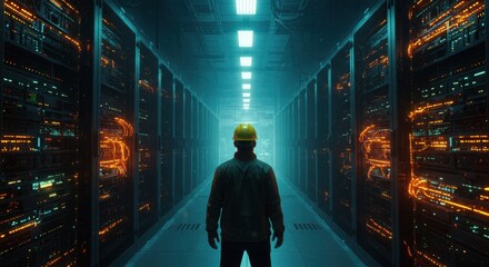 Illuminated data center aisle with a solitary silhouetted figure standing amidst glowing server racks