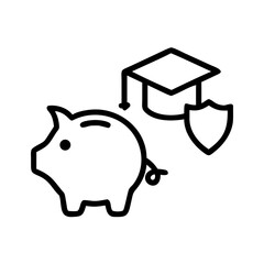 Outline drawing of a piggy bank with a graduation cap and shield symbol, representing education savings
