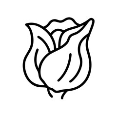 Simple outline drawing of a flower bud with curved petals and sepals on a white background design