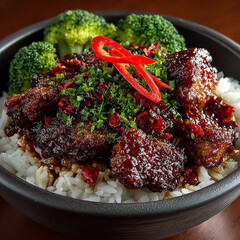 Rice Bowl with Glazed Chicken, Broccoli, Herbs, and Chili Pepper