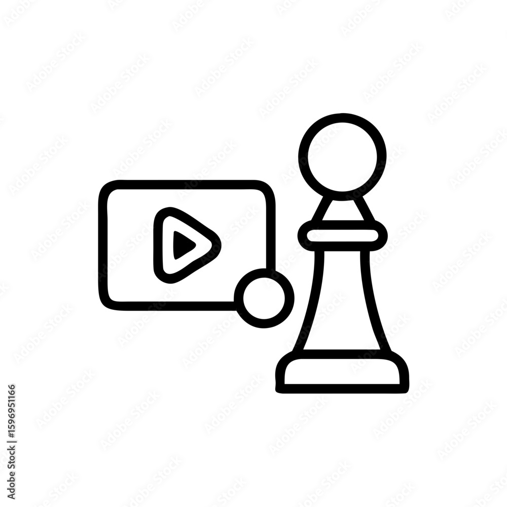 Poster Outline drawing showing play button inside screen and pawn chess piece side by side in black color