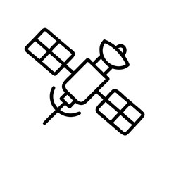 Outlined artificial satellite with solar panels and antenna orbiting in outer space depicted simply