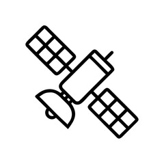 Outline drawing of a satellite with solar panels and antenna in a simple graphic style design element