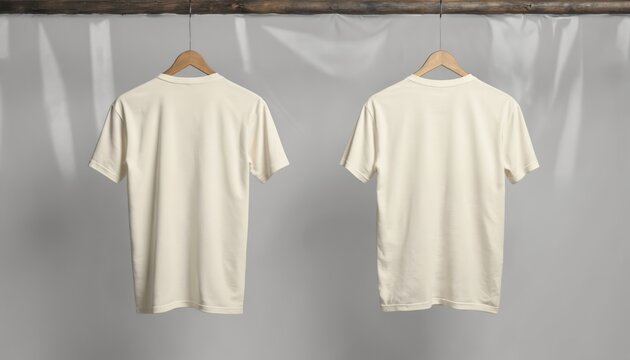 Two cream colored t-shirts displayed for fashion retail. One t-shirt hangs on wooden hanger, lies flat, presenting clean, minimalist apparel template. Both garments showcase simple cream cotton