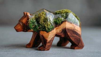 Fototapeta premium Wooden bear sculpture with terrarium