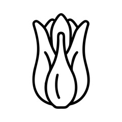 A simple line drawing of a closed tulip bloom with delicate petals and a central pistil detail shown clearly