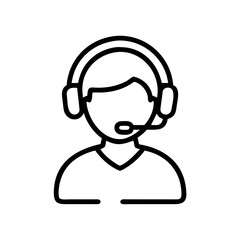 Outline drawing of a person with headphones and microphone ready to assist and provide customer service
