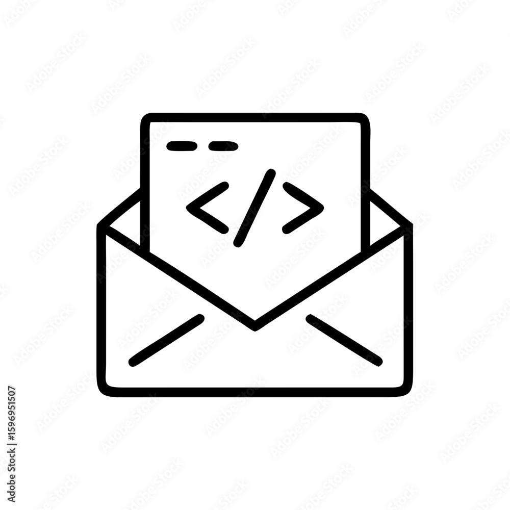 Poster Open envelope containing a document with angle brackets symbol for programming related content here