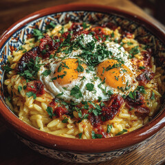 Orzo Pasta with Fried Eggs and Sundried Tomatoes in Bowl