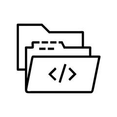 Outline graphic of open file folders with a code symbol on the frontmost folder icon design element