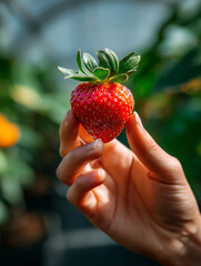 Obraz premium Hand holding a ripe red strawberry in bright sunlight with green background blur