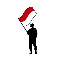 Silhouette of a person in motion holding a red and white flag against a white background, representing patriotism and national pride