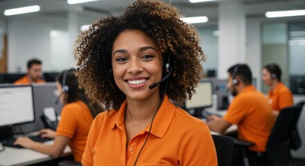 Smiling customer service representative with headset engaged in a busy call center environment
