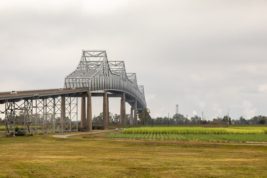 The Sunshine Bridge over the Mississippi River in St. James Parish, Highway 70, Mississippi, USA on a cloudy day