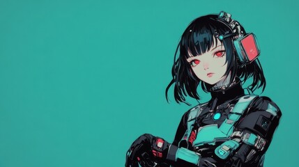 Naklejka premium Stylish futuristic anime girl with mechanical enhancements.