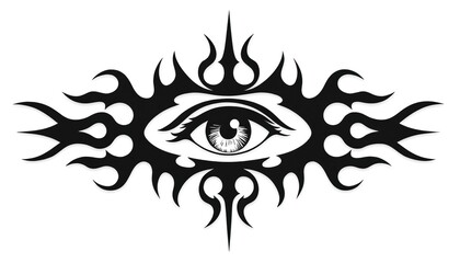 Black tribal eye illustration featuring intricate line art, flame-like tribal patterns. Symbolic design evokes mysticism, ancient cultural elements, suitable for body art, graphic design, as powerful