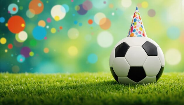 Soccer ball wearing birthday hat sits on green grass. Colorful bokeh lights create festive, joyful background, perfect for kids sports-themed party invitations decorations. Adds fun celebratory