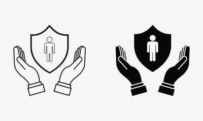 Safe Space Icon, Hands Holding Shield with Person Symbol