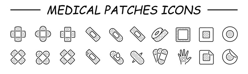 Vector icons medical bandage. Adhesive tape for treatment of light skin cuts, postoperative sutures. Band-aid for skin injuries and wounds. Thin line black set. Stock illustration.