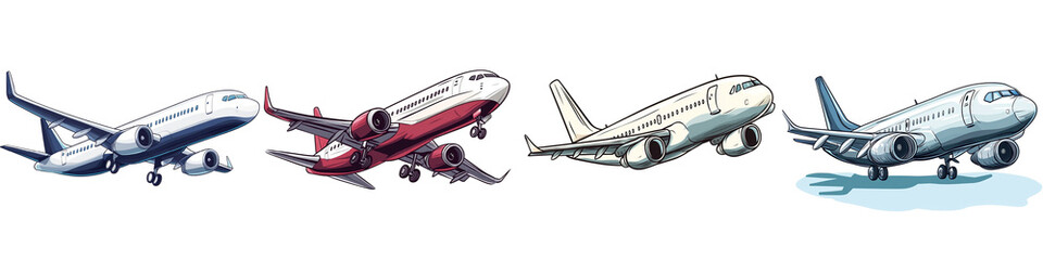 Obraz premium Various Airplane Designs Showcasing Aviation and Transportation, Featuring Commercial Airliners with Distinct Color Schemes and Artistic Rendering Style isolated transparent background