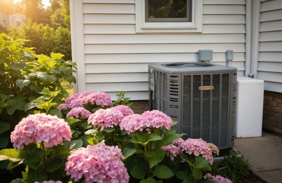 Air conditioning unit positioned beside vibrant pink hydrangeas in sunny suburban garden. Outdoor cooling equipment complements home exterior with summer green plants, blooming flowers. Focus on