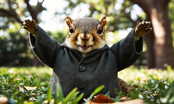 A squirrel wearing a suit, posing in a park