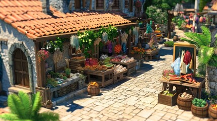 Vibrant marketplace, medieval town, sun-drenched stalls.
