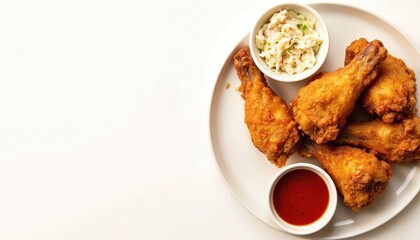 Crispy golden fried chicken wings served with creamy coleslaw, red dipping sauce. Savory dish offers classic comfort food experience perfect for family dining, picnics, parties. Enjoy delicious,